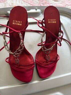 Stuart Weitzman Fuchsia Satin Crystal-Embellished Strappy Heels